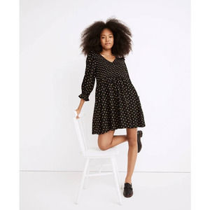 Madewell Lucie V Neck Smocked Mini Dress in Black Polka Dot, size Small